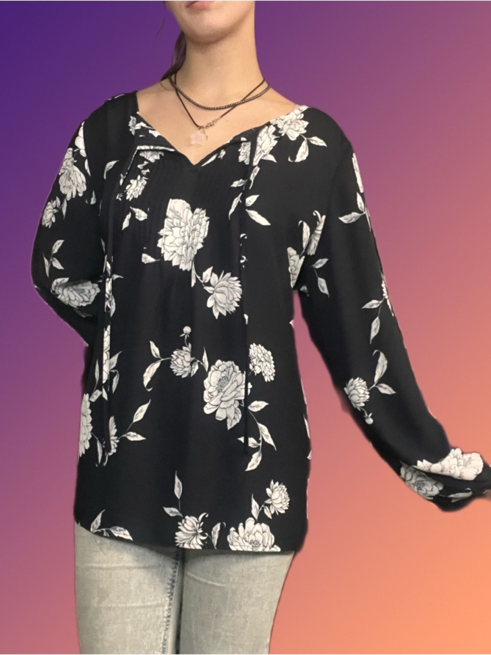 Roz & Ali blue Floral Tie-Neck Blouse